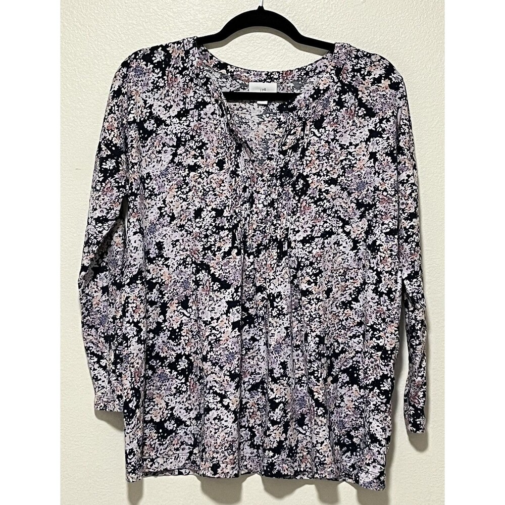 J Jill Pintuck Navy Floral Top Size Medium Petite Split Neck Classic Casual